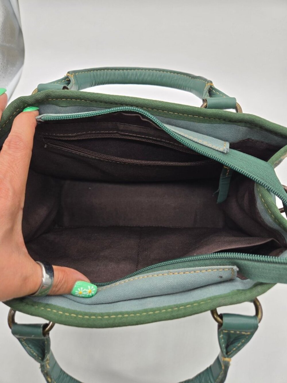 Myra Hunter Green Cream Double Handle Purse Bag *No Crossbody Strap - Picture 8 of 8